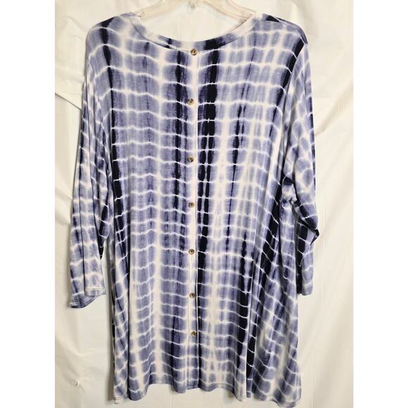 Kim & Cami Long Sleeve Top Women 2X Blue White Tie Dye Squares Faux Button Back - Picture 3 of 6